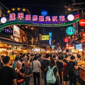 Fengjia Night Market in Taichung Taiwan with crowds of visitors walking beneath the illuminated entrance gate and food stalls at night