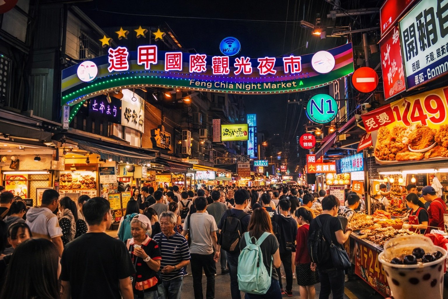 Fengjia Night Market in Taichung Taiwan with crowds of visitors walking beneath the illuminated entrance gate and food stalls at night