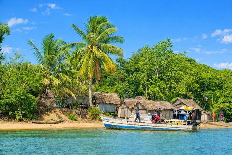 Small coastal fishing village in Madagascar with traditional wooden huts, palm trees, and a fishing boat on calm water Caption Description