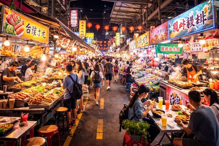 Crowded Taiwan night market street with colorful food stalls, lantern lights, and people exploring street food vendors