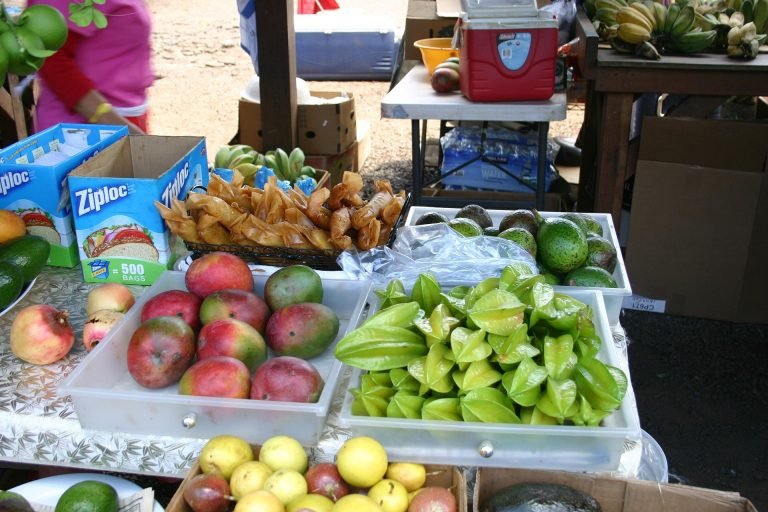 Madagascar fruit market with mangoes starfruit avocados and fresh tropical produce on display