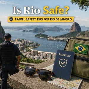 Is Rio safe for travelers with view of Rio de Janeiro skyline, beach, and travel essentials in foreground