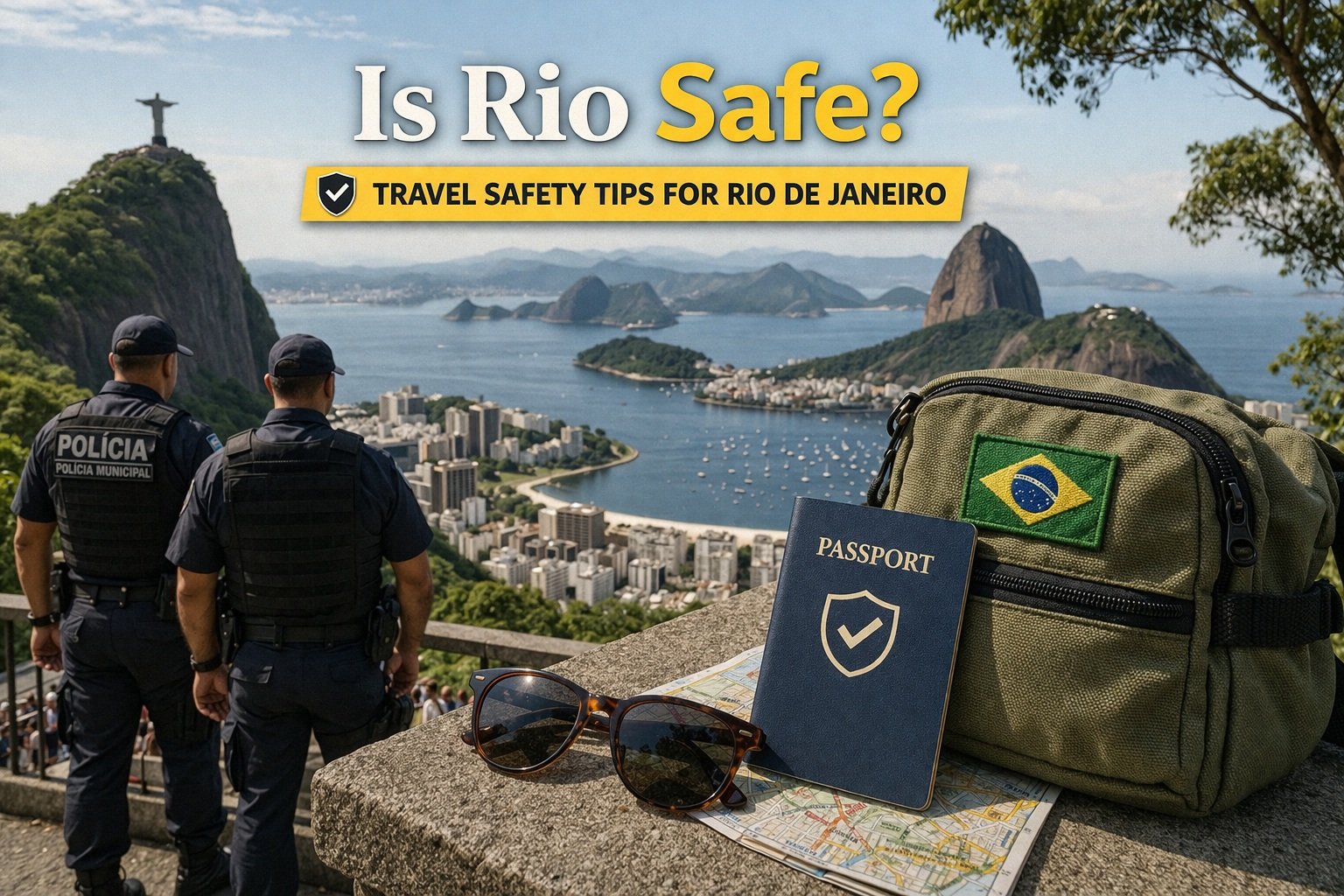 Is Rio safe for travelers with view of Rio de Janeiro skyline, beach, and travel essentials in foreground