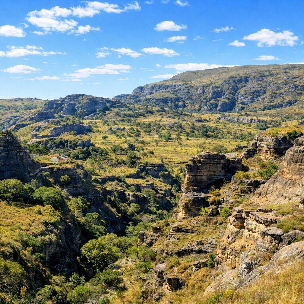 Isalo National Park Madagascar canyon landscape with sandstone formations and blue sky 📸 Caption 📖 Description