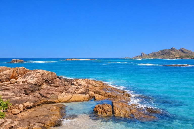 Lokaro Beach Madagascar with rocky coastline and turquoise Indian Ocean water