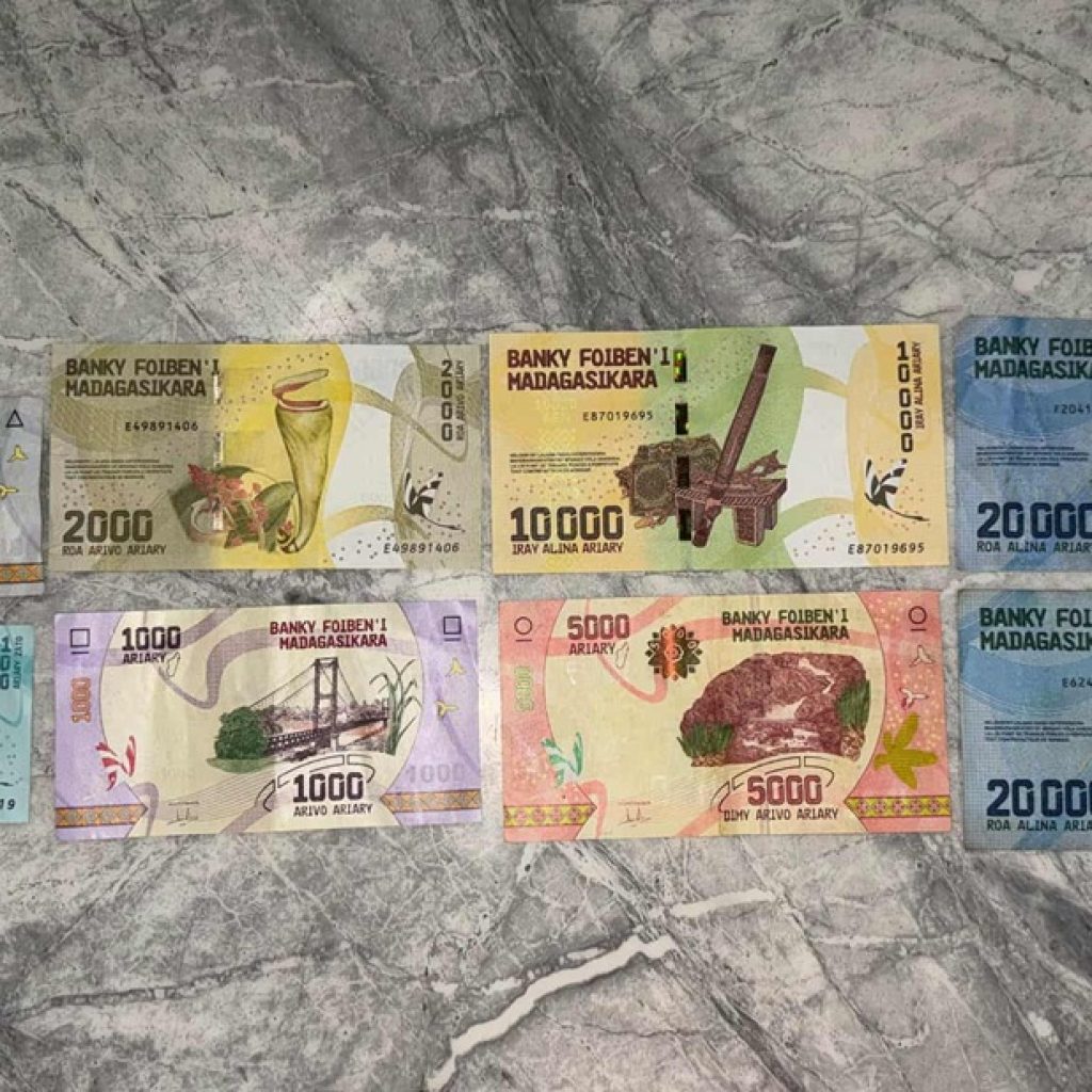 All Malagasy ariary banknotes displayed on a surface, showing denominations from 100 to 20,000 ariary