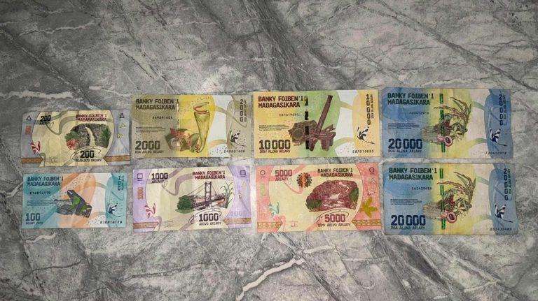 All Malagasy ariary banknotes displayed on a surface, showing denominations from 100 to 20,000 ariary