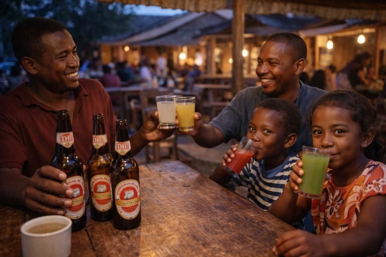 Madagascar drinks including Three Horses Beer ranonapango toaka gasy and fresh fruit juice enjoyed at local outdoor bar Caption: Description: