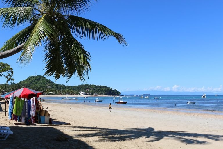 Madagascar packing list for Nosy Be showing tropical beach, palm trees, and coastal scenery