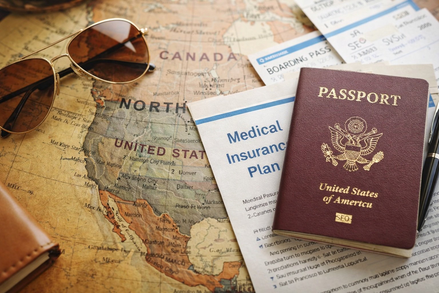 Best medical insurance for visitors to the USA concept with passport, boarding passes, sunglasses, and travel medical insurance document on a North America map