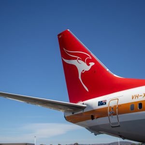 Sydney Airport Transport - Qantas airplane tail with kangaroo logo at Sydney Airport