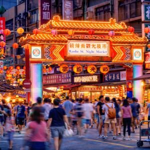 Raohe night market Taipei entrance gate illuminated with lanterns and crowds of visitors exploring the street food stalls at night
