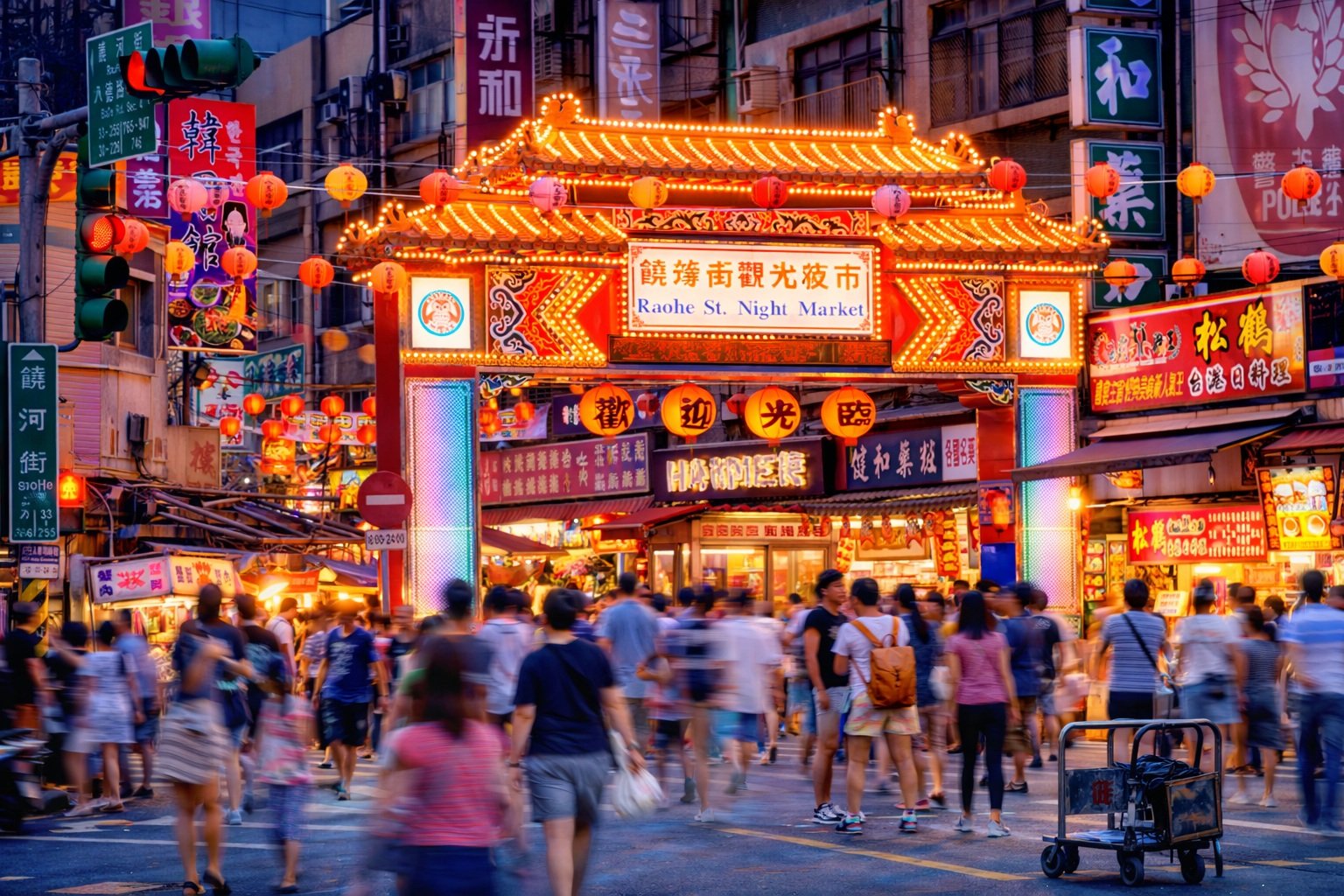 Raohe night market Taipei entrance gate illuminated with lanterns and crowds of visitors exploring the street food stalls at night