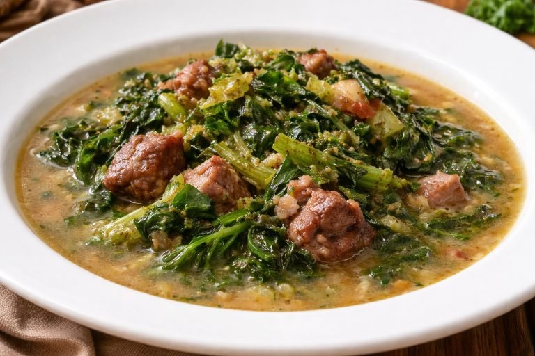 Madagascar food romazava traditional dish with zebu meat leafy greens and broth served in a white bowl