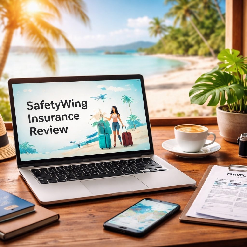 SafetyWing insurance review workspace with laptop, travel insurance documents, passport, and digital nomad setup overlooking a tropical beach