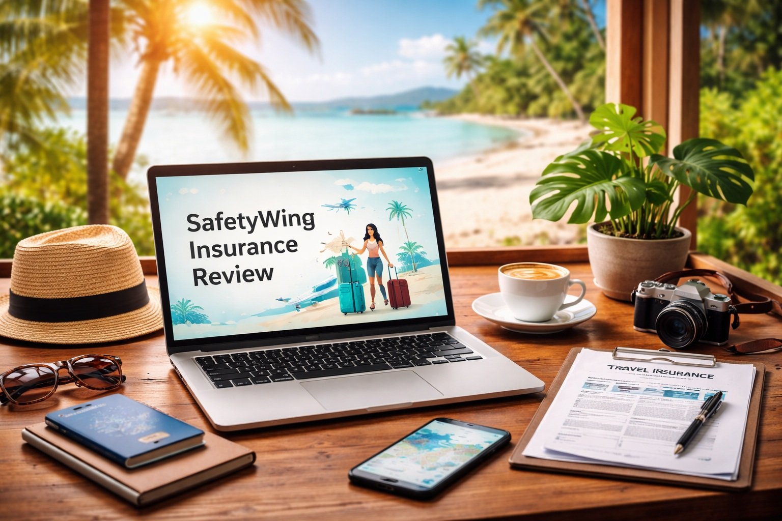 SafetyWing insurance review workspace with laptop, travel insurance documents, passport, and digital nomad setup overlooking a tropical beach