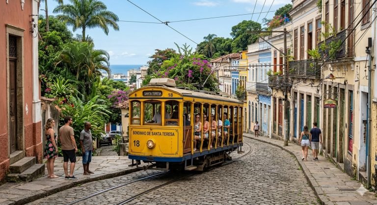 santa teresa tram rio de janeiro on a sunny afternoon with colorful colonial buildings Caption Description