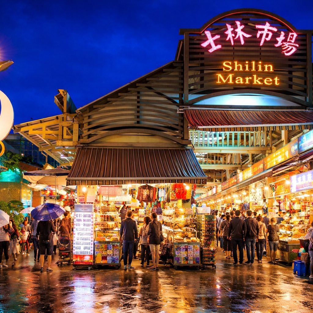 Shilin Night Market Taipei entrance in Taipei Taiwan illuminated at night with food stalls and visitors