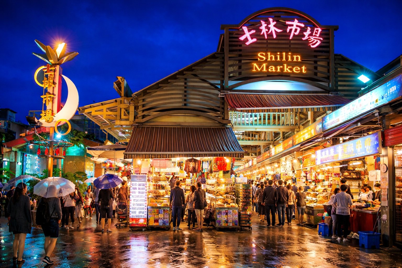 Shilin Night Market Taipei entrance in Taipei Taiwan illuminated at night with food stalls and visitors
