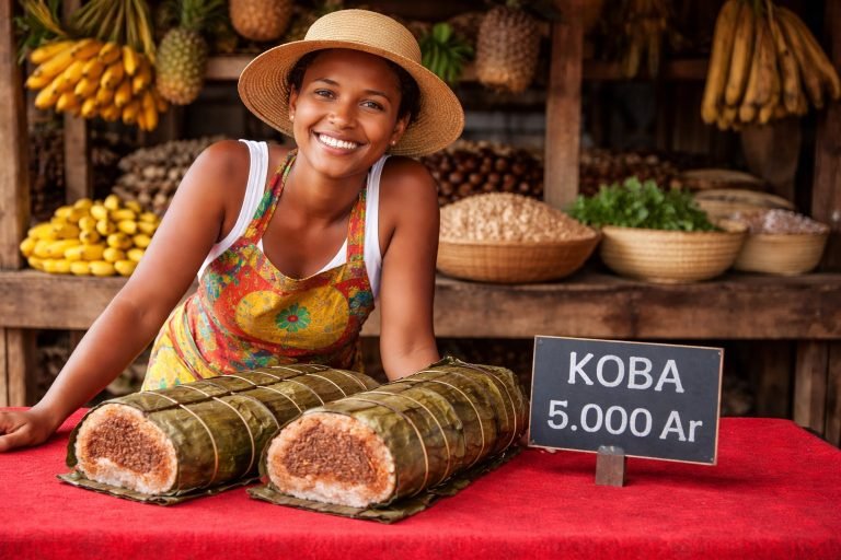 Madagascar food - Koba dessert wrapped banana leaf sold at local market stall with smiling Malagasy woman