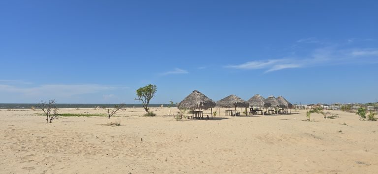 Traditional beach huts on a sandy coastal landscape in Madagascar under clear blue skies Caption Description