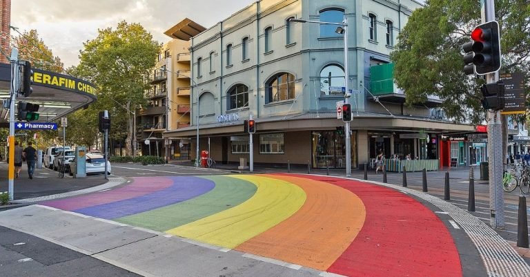 Surry Hills Sydney street with rainbow crossing, one of the best areas to stay in Sydney for local vibe and cafés