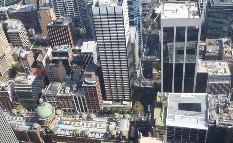 Sydney CBD aerial view with Queen Victoria Building and surrounding city streets