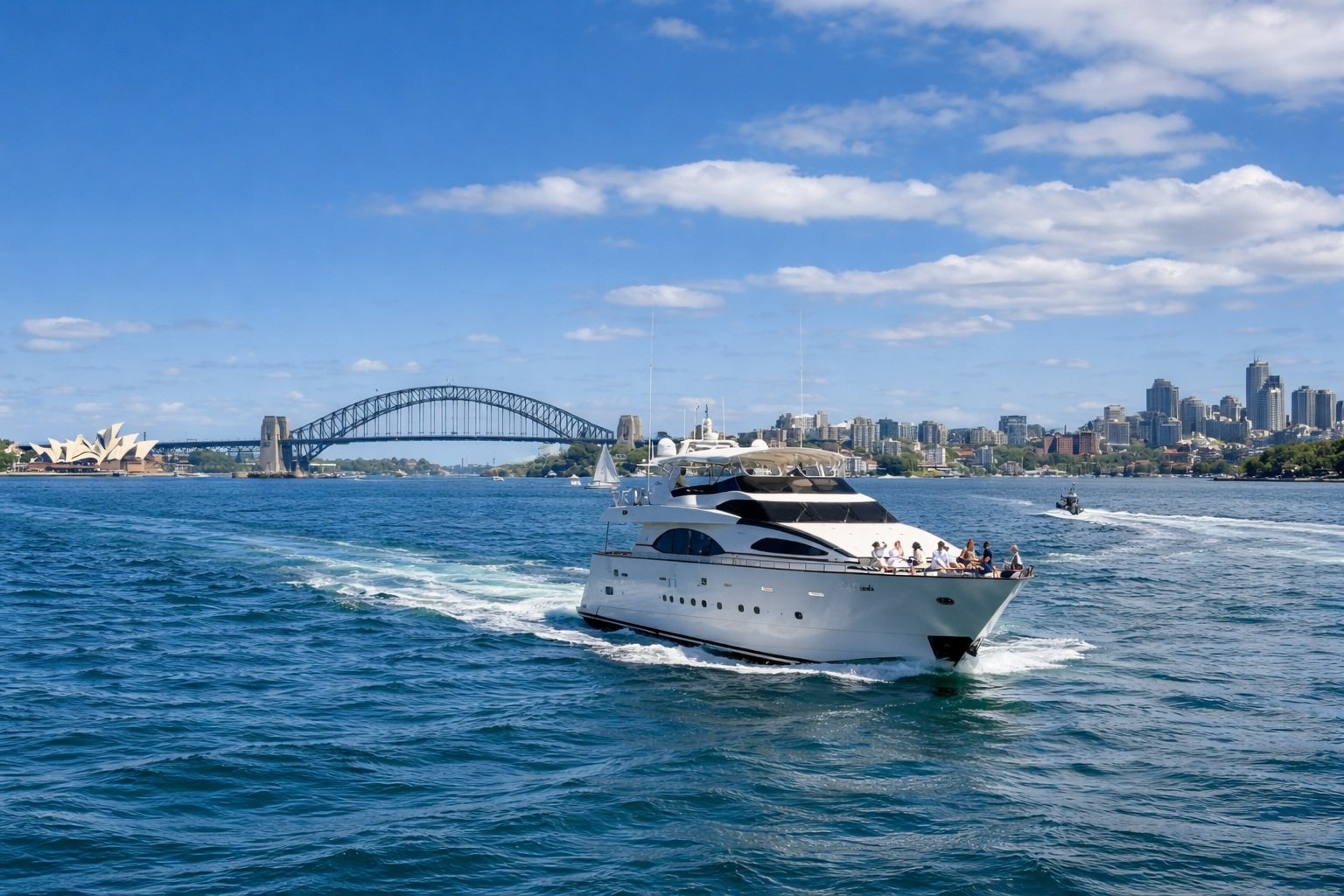 Sydney Harbour Cruises luxury yacht sailing past Harbour Bridge on a sunny afternoon with blue skies