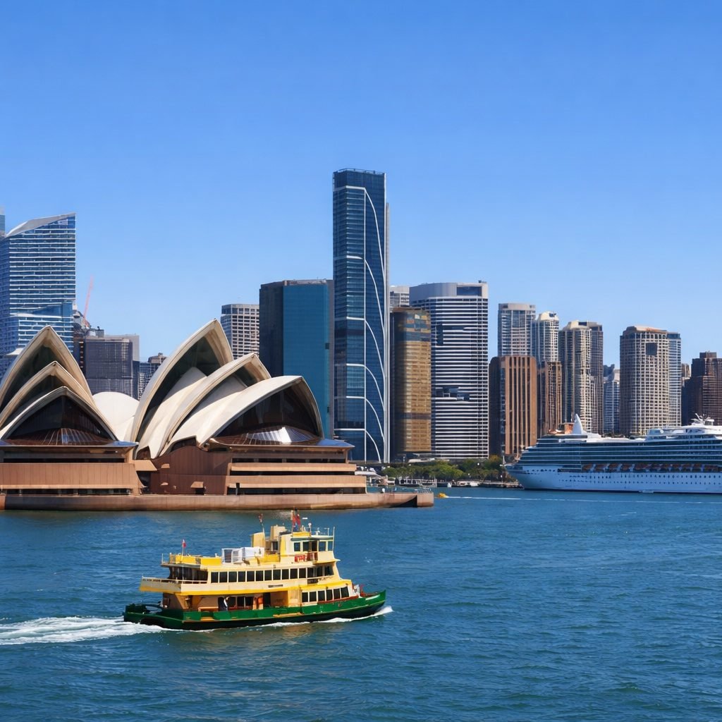 Sydney Tours Experiences - View of Sydney Opera House, harbour ferry, and city skyline on a clear day