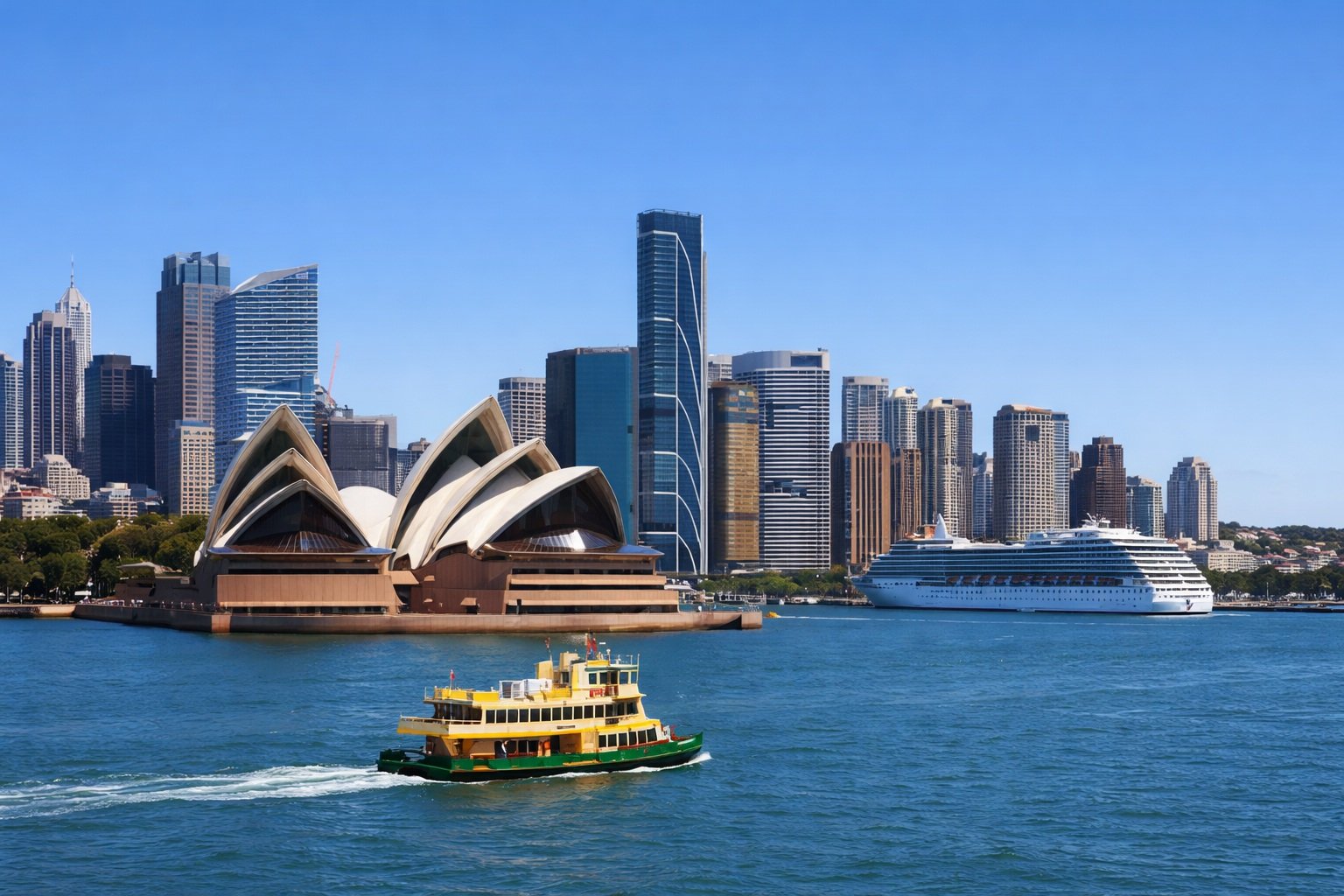 Sydney Tours Experiences - View of Sydney Opera House, harbour ferry, and city skyline on a clear day