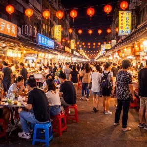 Taiwan night market at night with busy crowds walking between street food stalls under red lantern lights