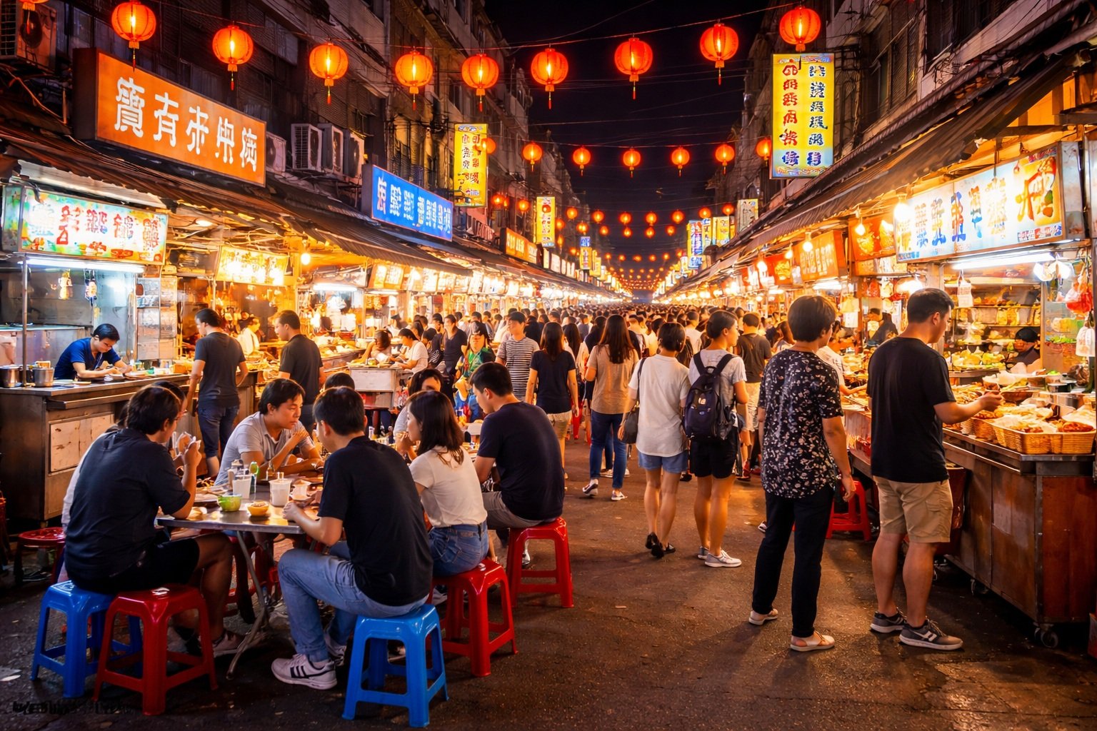 Taiwan night market at night with busy crowds walking between street food stalls under red lantern lights