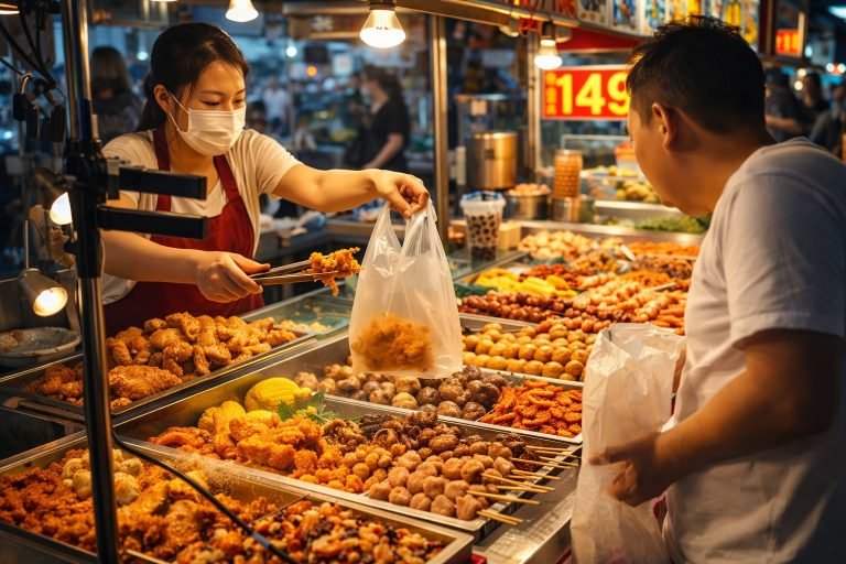 Fengjia Night Market food stall vendor preparing Taiwanese street food for a customer in Taichung Taiwan