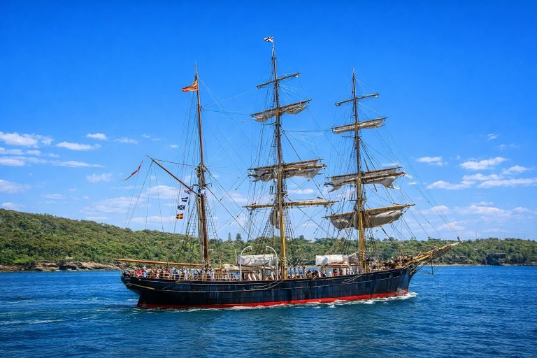 Sydney Harbour Cruises - Tall ship sailing on a bright sunny day with blue skies and clear water