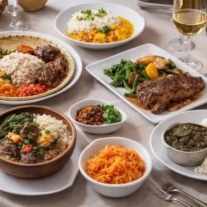 Madagascar food featuring traditional Malagasy dishes with rice, zebu meat, vegetables and local sides served on a beautifully set dining table