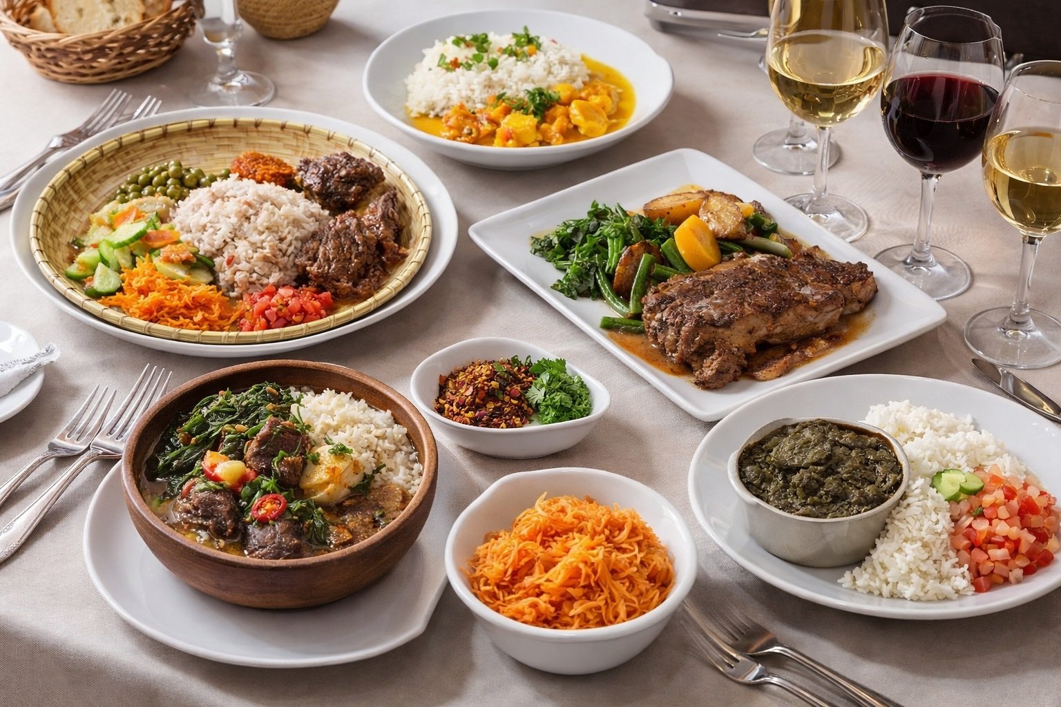 Madagascar food featuring traditional Malagasy dishes with rice, zebu meat, vegetables and local sides served on a beautifully set dining table
