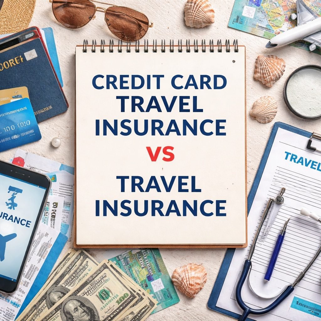 credit card travel insurance vs travel insurance comparison concept with credit cards and travel planning items