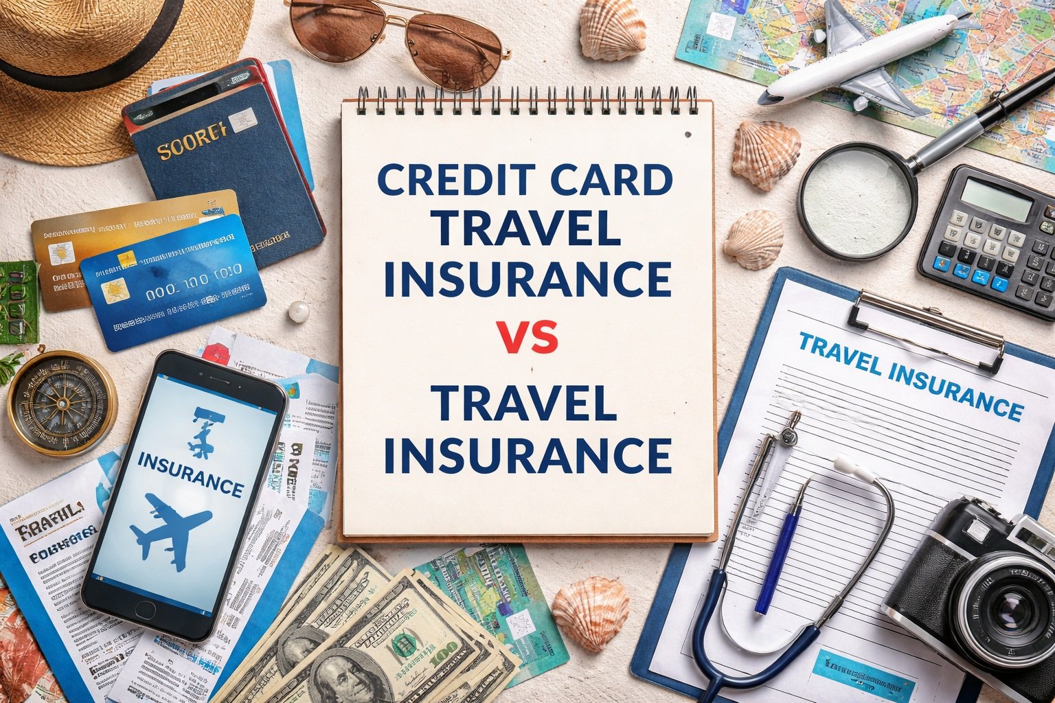 credit card travel insurance vs travel insurance comparison concept with credit cards and travel planning items