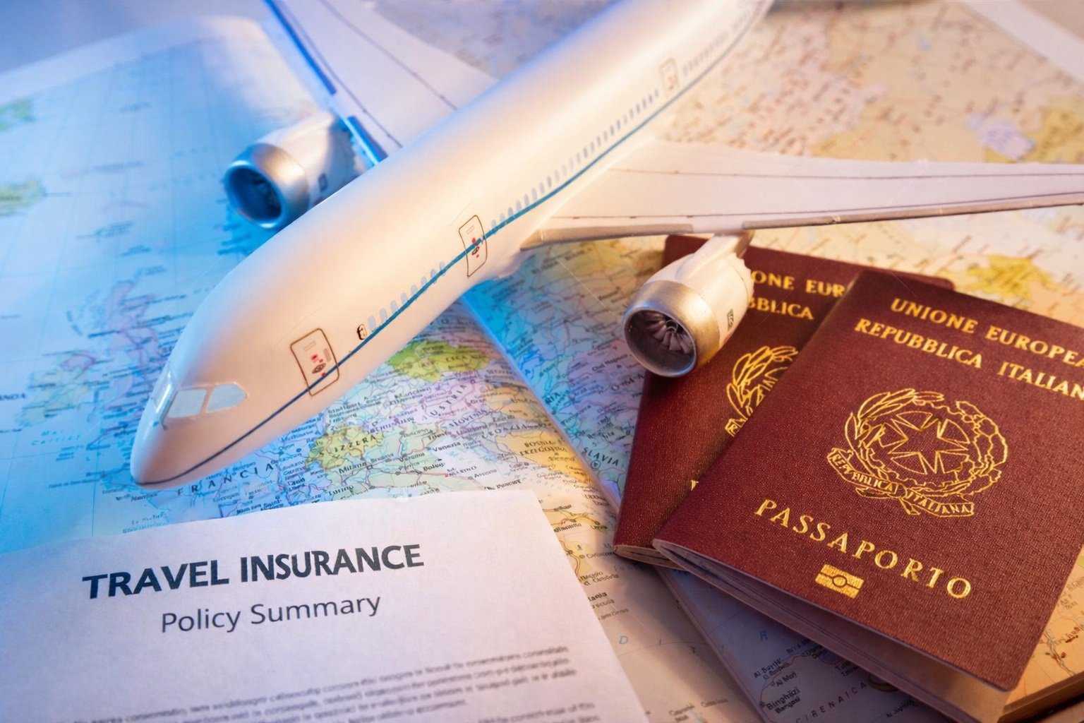 Is Travel Insurance Worth It - Travel insurance policy document with airplane model, passports and world map representing international travel protection