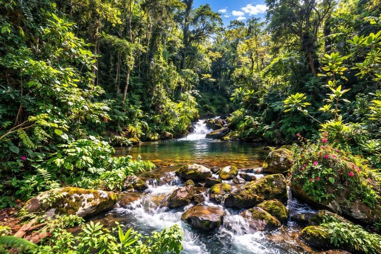 ranomafana national park madagascar rainforest river and waterfall under blue sky 📸 Caption 📖 Description
