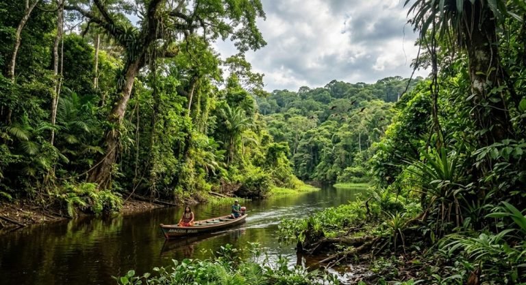 Brazil travel tips: exploring the Amazon rainforest by boat with dense jungle and river scenery
