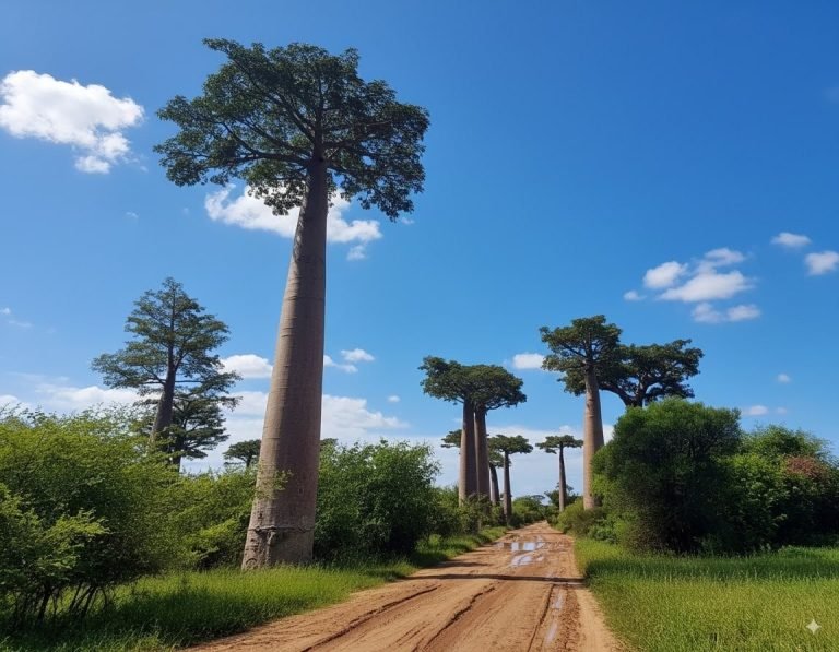 Avenue of the Baobabs Madagascar with tall baobab trees lining a dirt road under blue sky