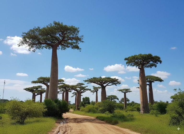 Avenue of the Baobabs Madagascar with tall baobab trees lining a dirt road under blue sky Caption: Description: