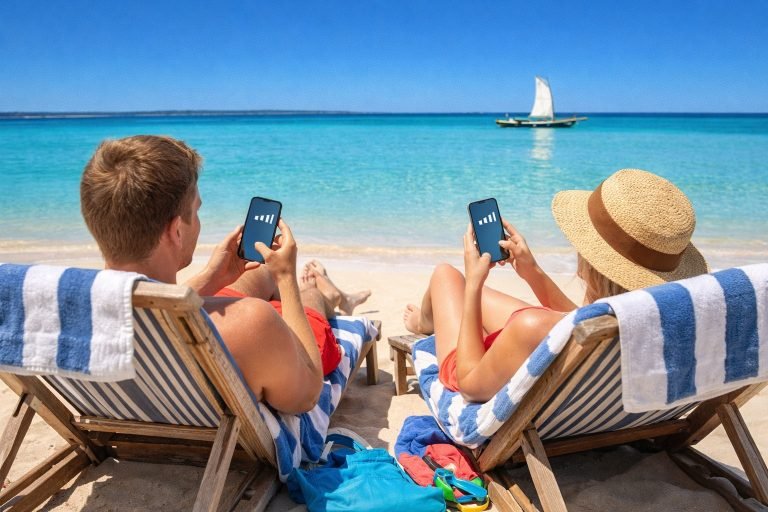 SIM vs ESIM in Madagascar - Couple using smartphones with mobile signal on tropical beach