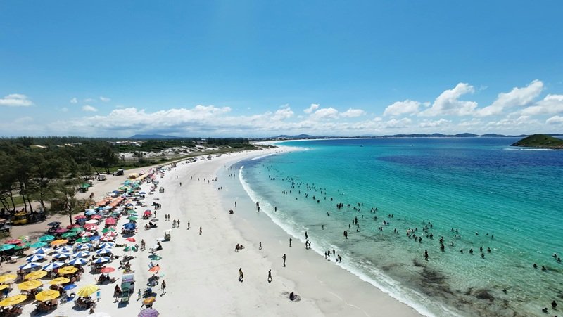 Is Brazil safe – crowded beach with tourists swimming and relaxing along a clear turquoise coastline