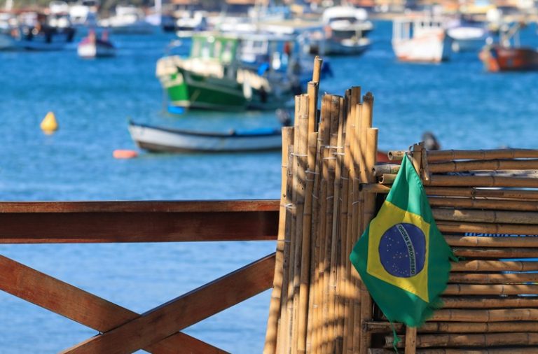 Brazil travel cost coastal harbor view with boats and Brazilian flag