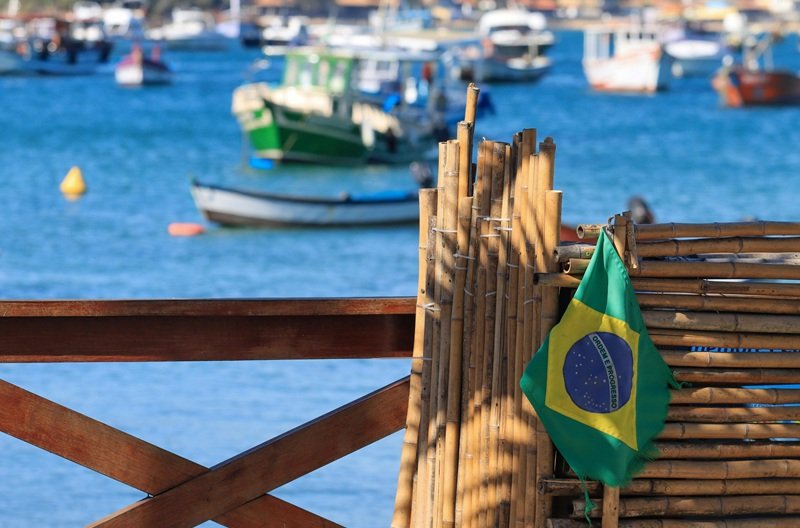 Brazil travel cost coastal harbor view with boats and Brazilian flag