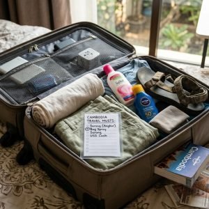cambodia packing list suitcase with clothes, sunscreen, mosquito spray, passport and travel essentials