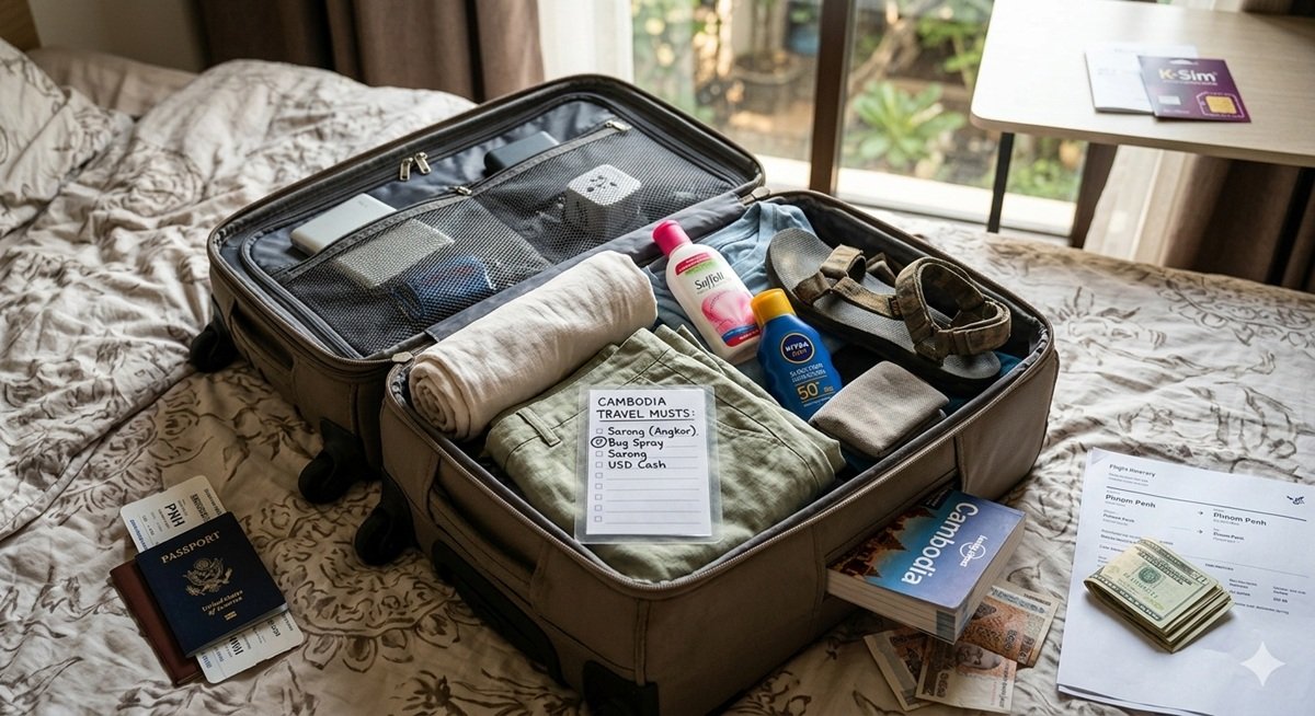 cambodia packing list suitcase with clothes, sunscreen, mosquito spray, passport and travel essentials