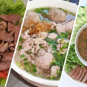 Cambodian food featuring beef lok lak, kuy teav noodle soup, and prahok dip served with fresh vegetables